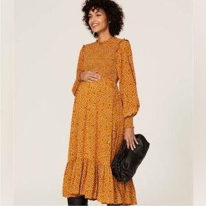 Hatch Mustard Yellow Midi Dress with Smocked Bodice